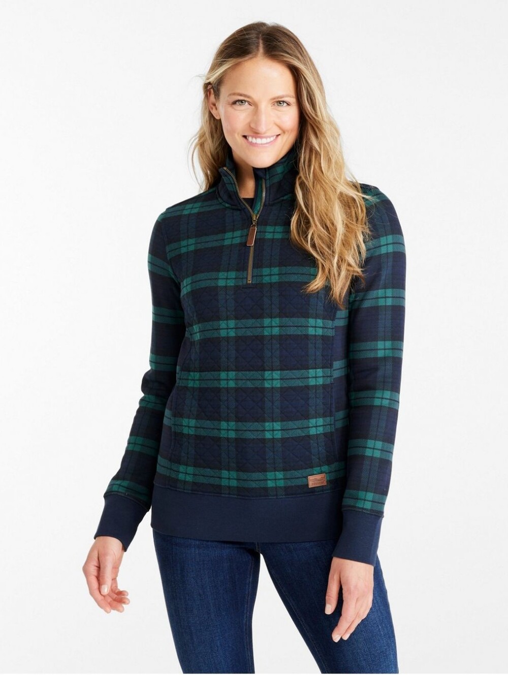 LL Bean Quilted Quarter Zip Pullover Sweatshirt Navy Green Plaid Cotton Small
